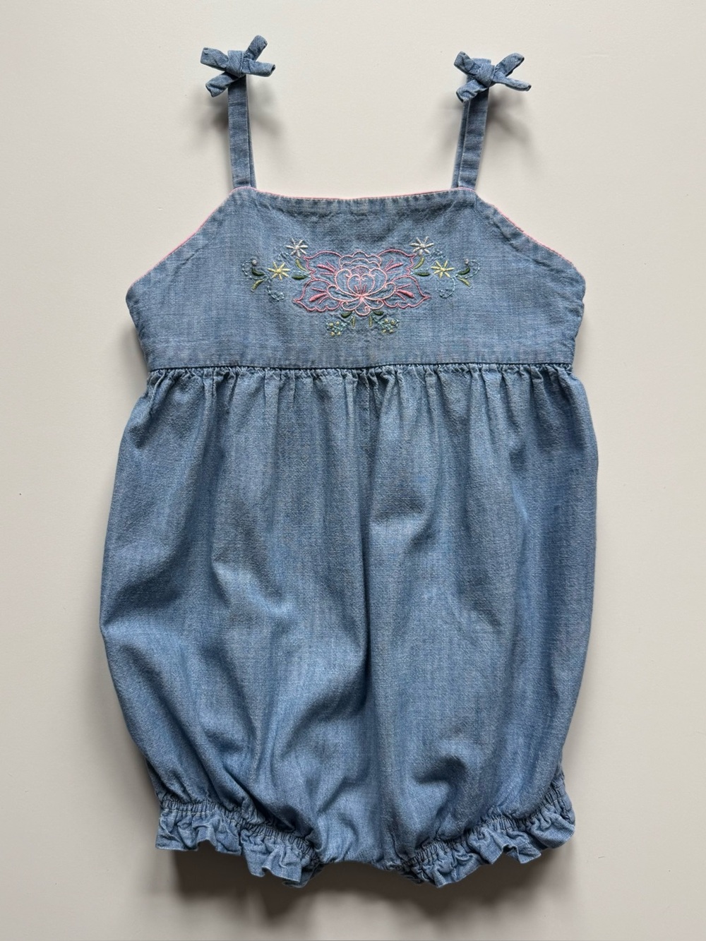 Ralph Lauren Baby Girls Chambray Embroidered Romper - Size 18M